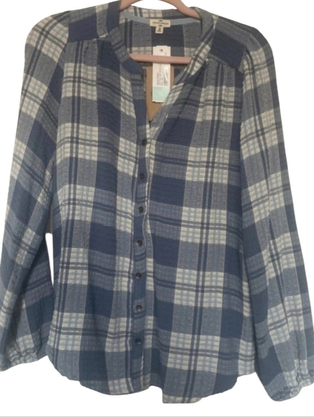 NWT Mason & Belle Size Medium Aila Plaid Split Neck Top Blue Stitch Fix
